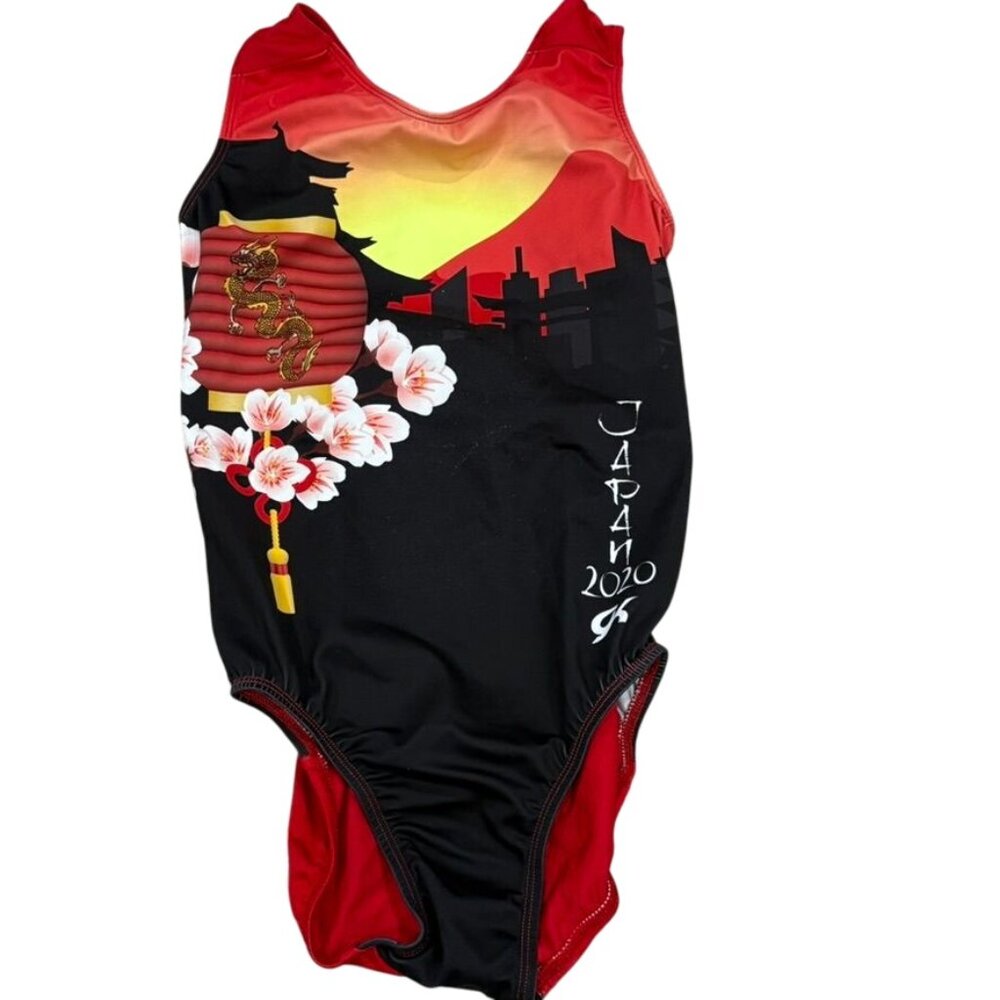 Japan 2020 GK Womens Gymnastics Leotard AS Red/Black Cherry Blossom Design